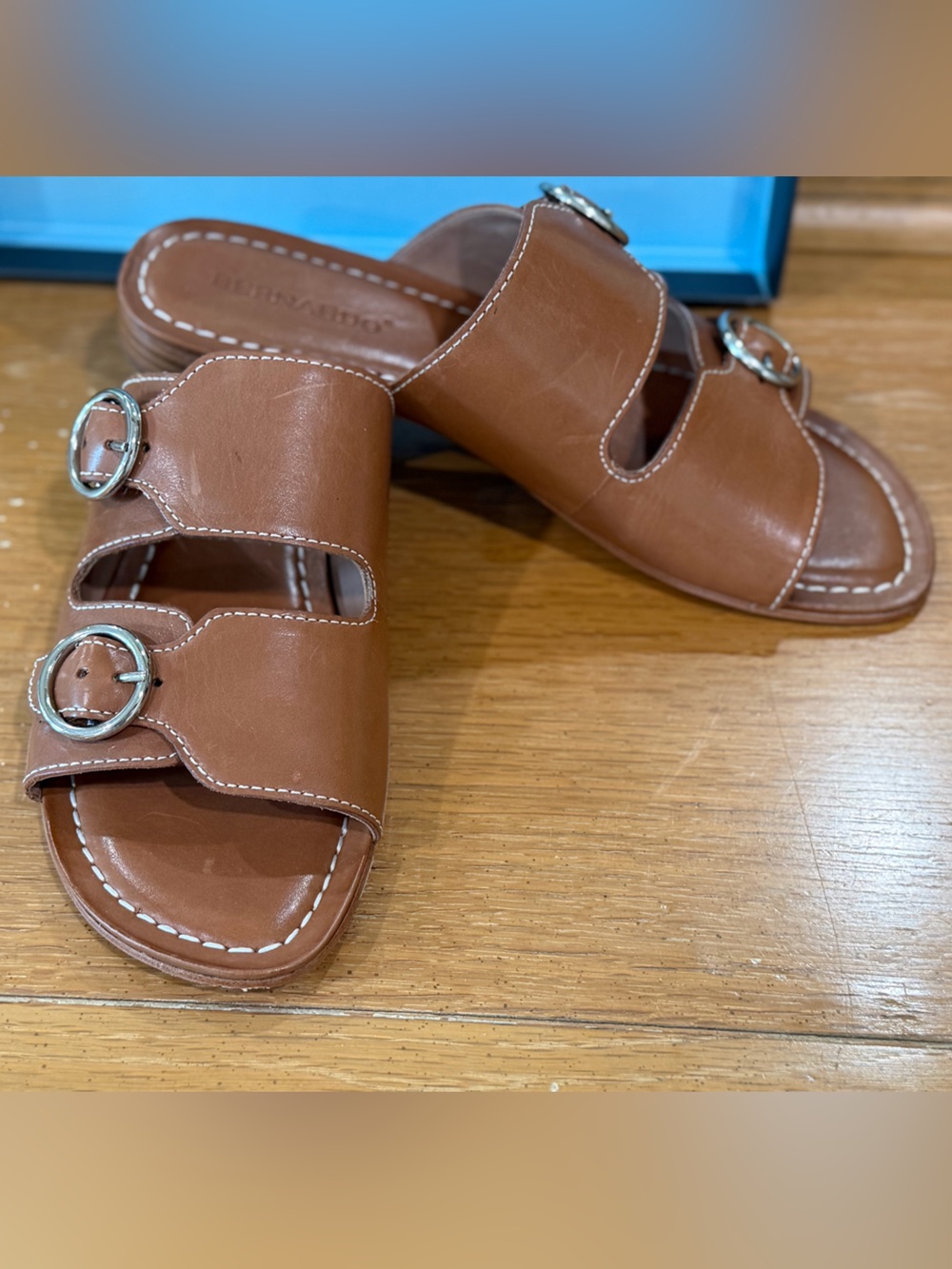 Bernardo Tobi Luggage Glove Leather Slide Sandals with Silver Buckles